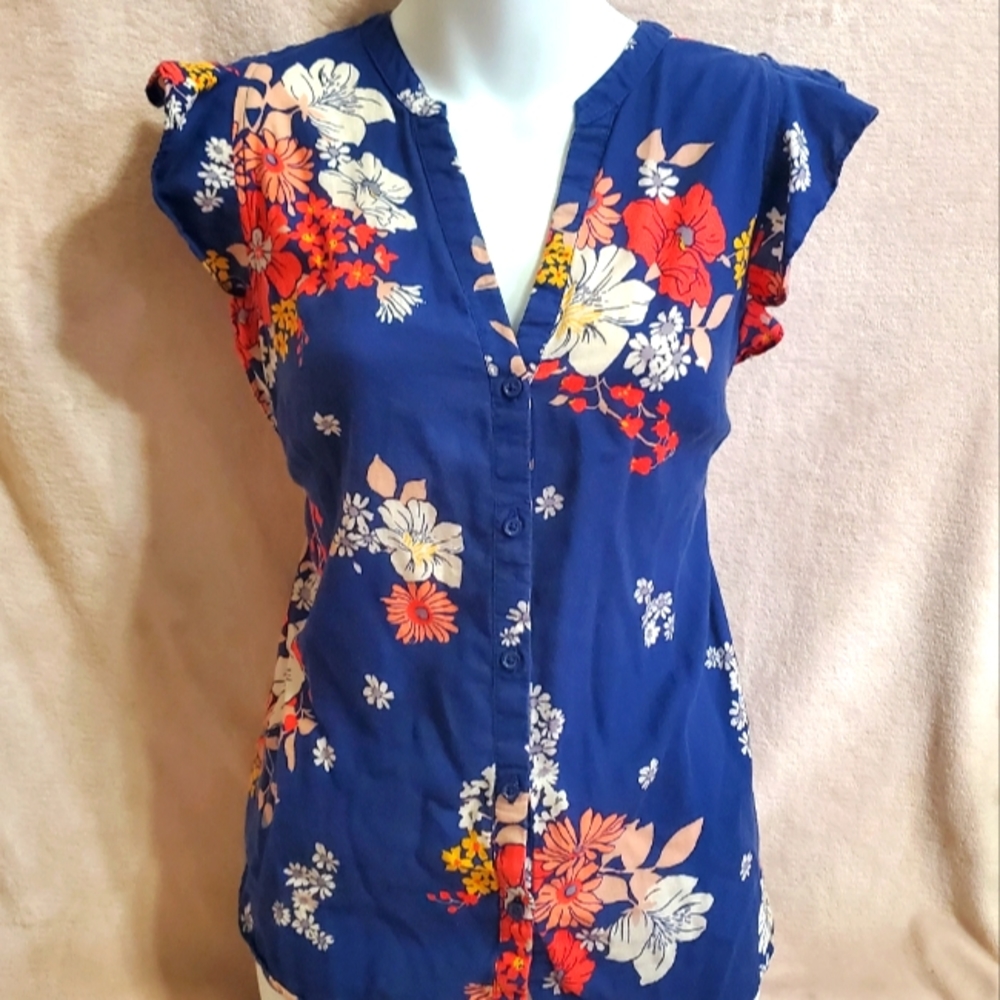EUC Old Navy Blue Multi Color Floral Blouse V-Neck Flutter Ruffle SleeveTop Sz S